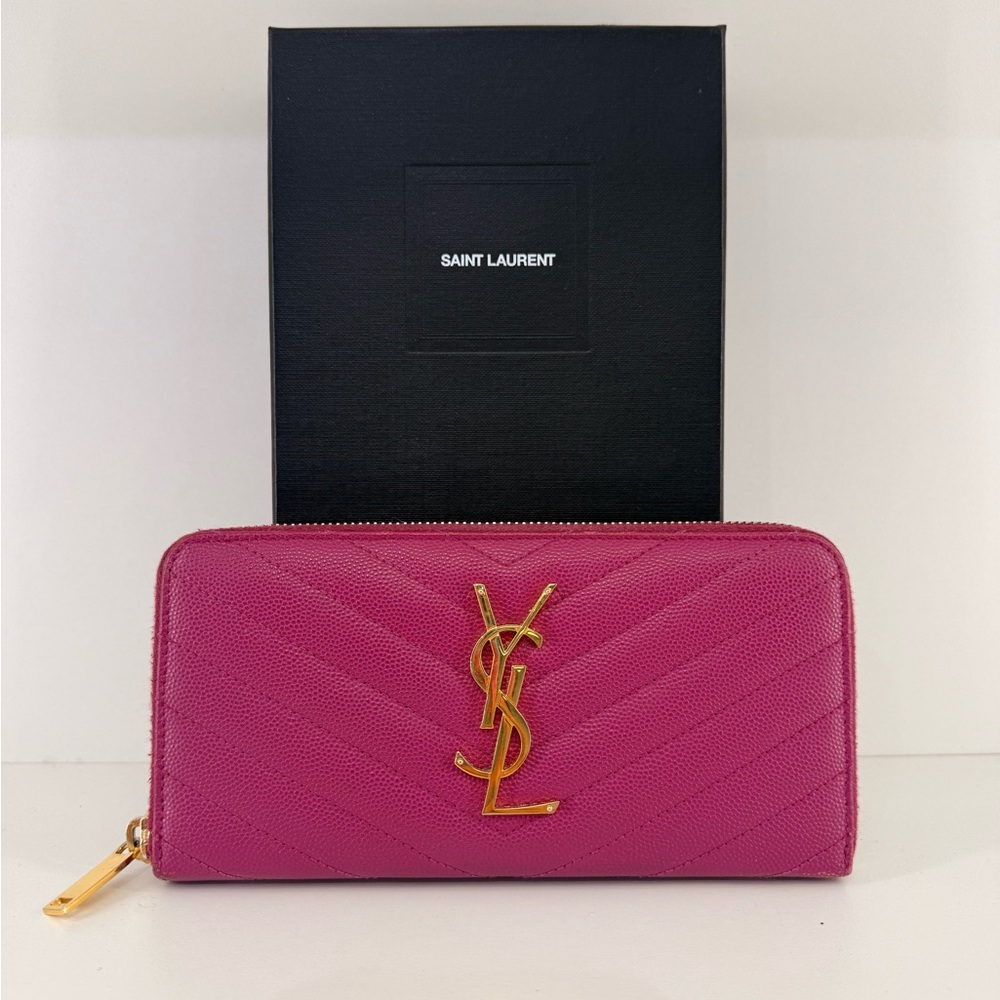 Pre Owned Saint Laurent Leather Berry Wallet with Gold Accents